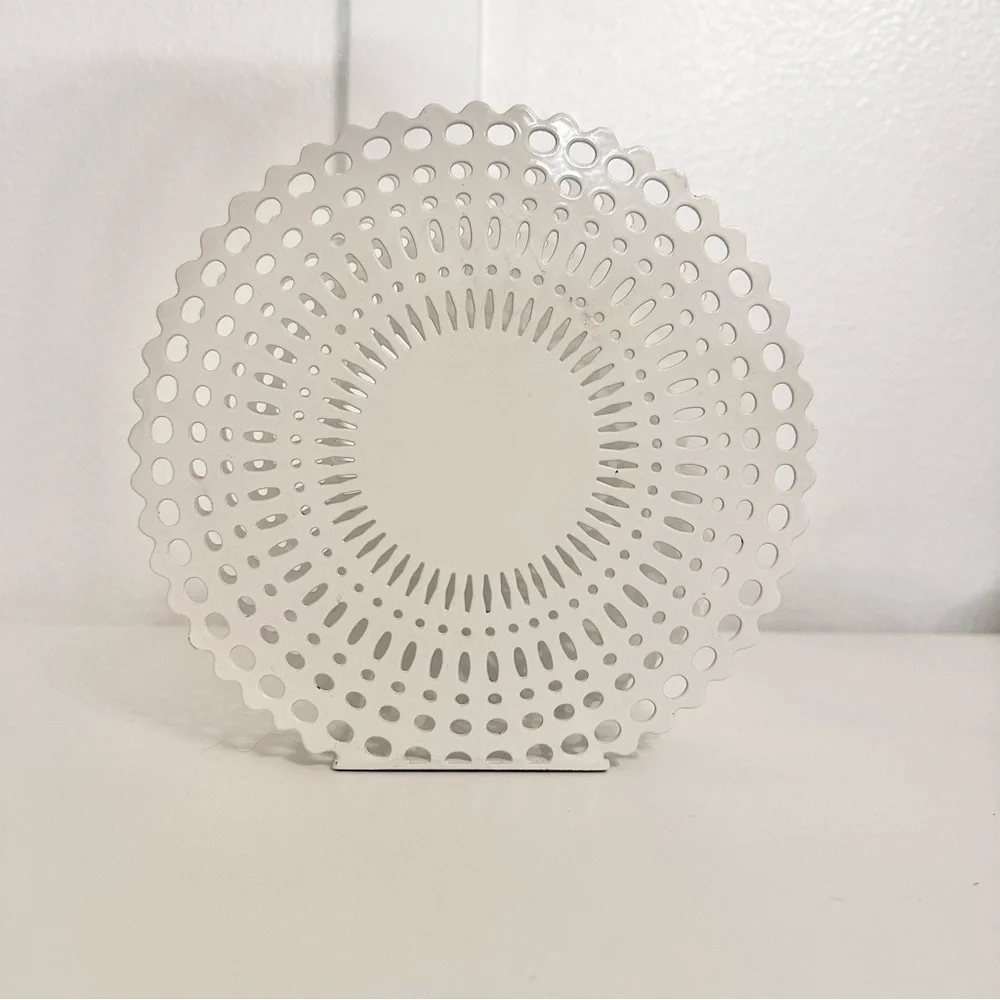 Crate & Barrel “Gram” Metal Enamel White Napkin Holder Doilies Cut Pattern Round